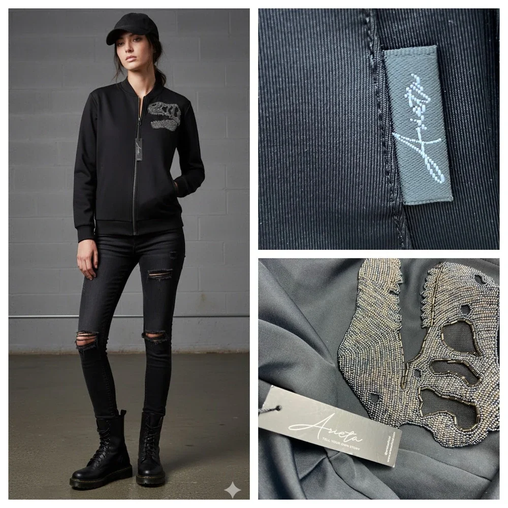 New Arieta Bomber Women Black Beaded Dinosaur Skull Athleisure Sz M Grunge NWT - Picture 16 of 17